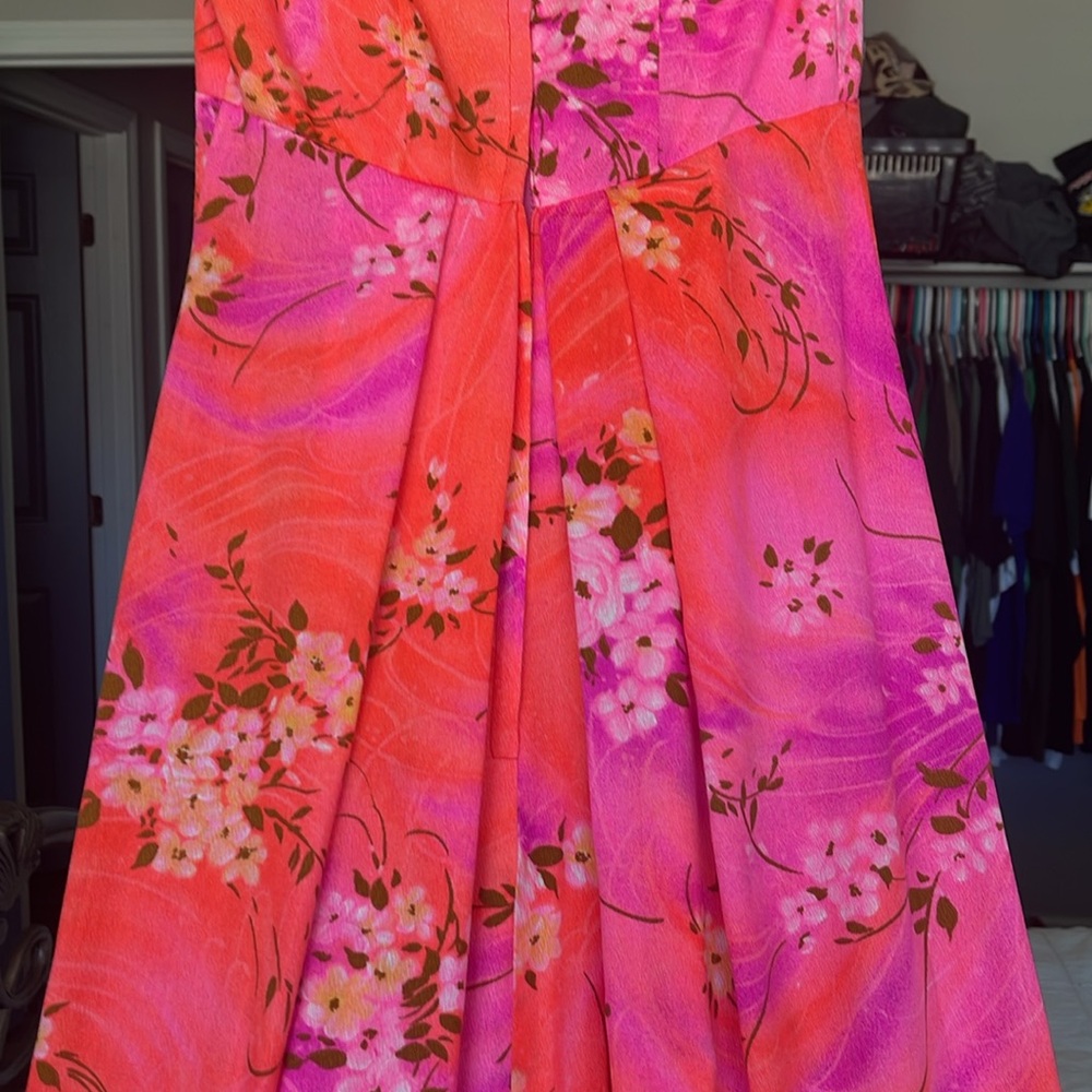 VTG Mildred's Hawaii Dress Barkcloth/Bright Neon Floral Ruffled Bow 60s 70s - Picture 5 of 14